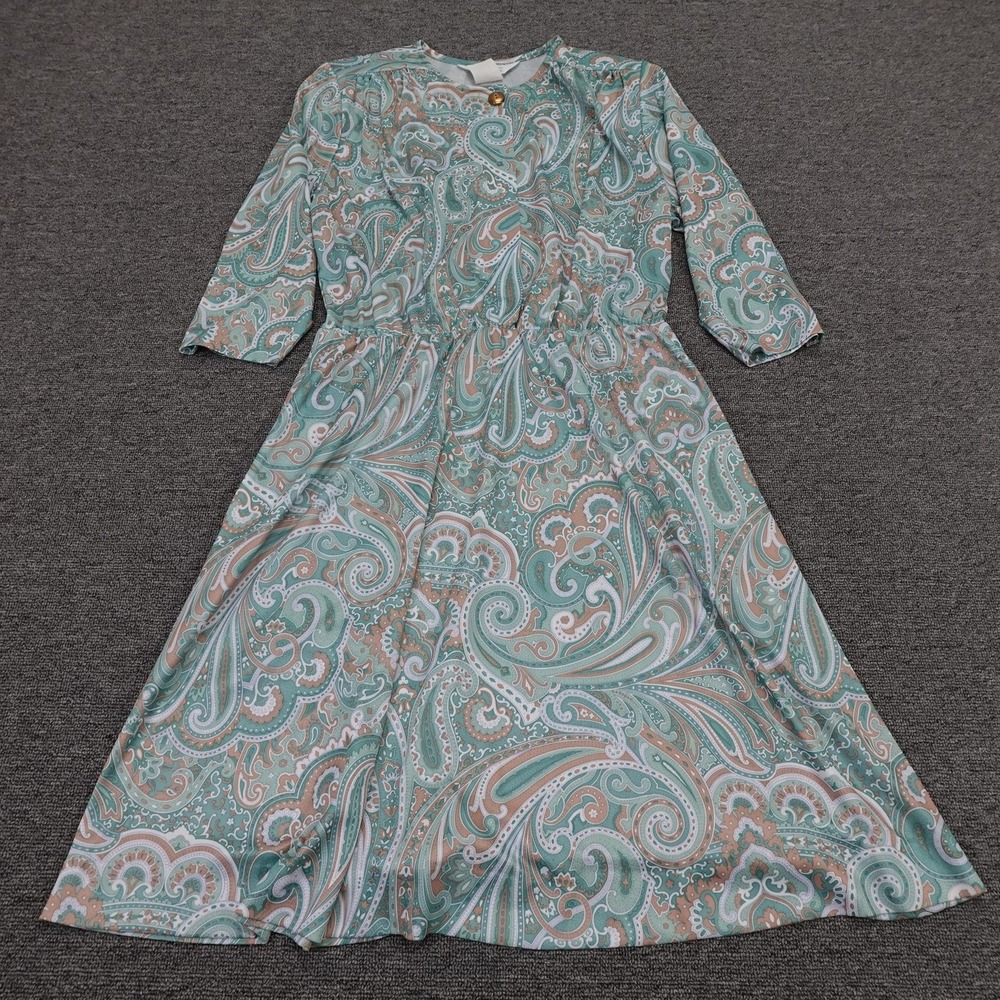 Vintage Blair Dress 12P Green Paisley 3/4 Sleeve Fit & Flare Prairie Cottage 80s